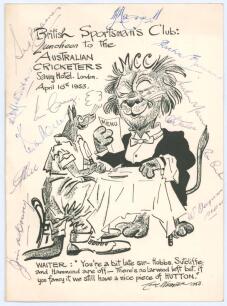 Australia tour to England 1953. Official menu for the British Sportsman’s Club luncheon given to the Australian Cricket team. The luncheon was held at The Savoy Hotel, London on 16th April 1953. The menu with cartoon cover by Tom Webster. To inside pages 