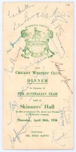 Australia tour to England 1956. ‘The Cricket Writers’ Club Dinner in honour of the Australian Team’ 1956. Official folding menu for the Dinner held at Skinners’ Hall, London, on 26th April 1956. Signed to front cover by thirteen players and guests who att