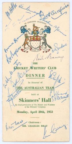 Australia tour to England 1953. ‘The Cricket Writers’ Club Dinner in honour of the Australian Team’ 1953. Official folding menu for the Dinner held at Skinners’ Hall, London, on 20th April 1953. Signed to front cover by many of the Australians and guests.