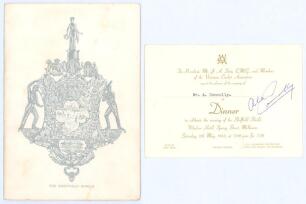 Victoria- Winners of the Sheffield Shield 1962/63. Official Victoria Cricket Association invitation and Dinner menu to celebrate the team’s success held on 11th May 1963 at The Windsor Hotel, Melbourne. The menu profusely signed by thirty guests including