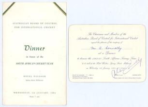 South African tour of Australia 1964. Official Australian Board of Control invitation and dinner menu in honour of the South African cricket team held on 1st January 1964 at The Hotel Windsor, Melbourne, during the second Test match. The menu signed to th