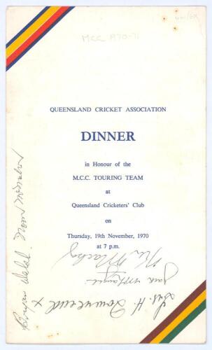 M.C.C. tour to Australia 1970/71. Official folding menu for the ‘Dinner in honour of the M.C.C. Touring Team’ held at Queensland Cricketers’ Club, 19th November 1970 during the tour match with Queensland Country. The menu signed in ink to the front by fiv