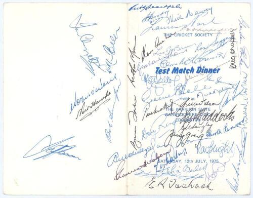 England v Australia 1975. Official folding menu for The Cricket Society ‘Test Match Dinner’ held at Edgbaston 12th July 1975 during the course of the 1st Ashes Test. The covers have been profusely signed by forty four Australian and England Test players, 