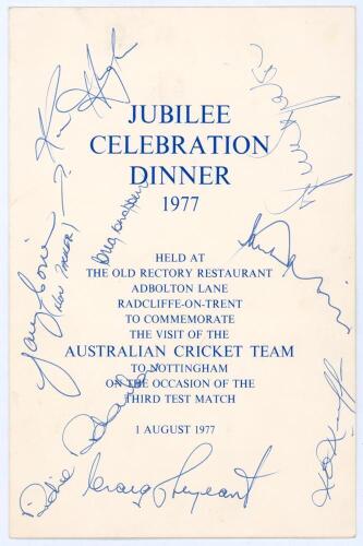 Australia tour to England 1977. Official folding menu for the ‘Jubilee Celebration Dinner’ held at the Old Rectory Restaurant, Radcliffe-on-Trent ‘to commemorate the visit of the Australian Cricket Team to Nottingham on the occasion of the Third Test Matc