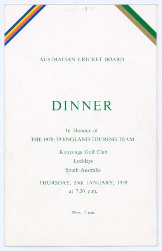 M.C.C. tour to Australia & New Zealand 1978/79. Official folding menu for the ‘Dinner in honour of the 1978-79 England Touring Team’ given by the Australian Cricket Board at Kooyonga Golf Club, Lockleys, South Australia, 25th January 1979. The menu with M