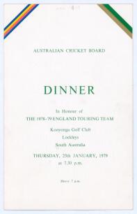 M.C.C. tour to Australia & New Zealand 1978/79. Official folding menu for the ‘Dinner in honour of the 1978-79 England Touring Team’ given by the Australian Cricket Board at Kooyonga Golf Club, Lockleys, South Australia, 25th January 1979. The menu with M