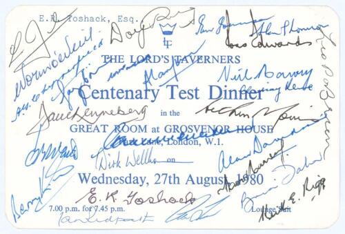 Centenary Test. England v Australia 1980. Official invitation to ‘The Lord’s Taverners Centenary Test Dinner’ held at the Great Room, Grosvenor House, Park Lane, London, 27th August 1980, the eve of the Lord’s Centenary Test. This being E.R. Toshack’s inv