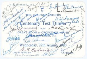 Centenary Test. England v Australia 1980. Official invitation to ‘The Lord’s Taverners Centenary Test Dinner’ held at the Great Room, Grosvenor House, Park Lane, London, 27th August 1980, the eve of the Lord’s Centenary Test. This being E.R. Toshack’s inv