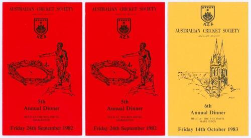 Australian Cricket Society Adelaide Branch 1982 & 1983. Two official folding menus for the 5th Annual Dinner held at the Rex Hotel, Marleston, 24th September 1982