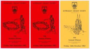 Australian Cricket Society Adelaide Branch 1982 & 1983. Two official folding menus for the 5th Annual Dinner held at the Rex Hotel, Marleston, 24th September 1982