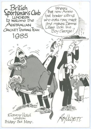 Australian tour of England 1985. Official large folding menu for the ‘British Sportsman’s Club Luncheon to welcome the Australian Cricket Touring Team 1985’ held at the Savoy Hotel, 3rd May 1985. Cartoon to cover by Roy Ullyett. Sixteen signatures in ink 