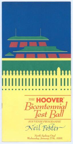 ‘The Hoover Bicentennial Test Ball 1988’. Large official programme/ menu for the Ball held at the North Sydney Oval on the 27th January 1988. The programme/ dinner menu signed to ‘Autographs’ page by thirty current and former players. Signatures include N