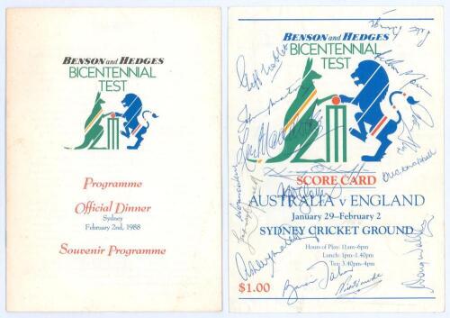 Australia v England. Bicentennial Test 1988. Official 12pp Souvenir Programme for the Dinner held at Sydney 2nd February 1988. The programme comprises the menu followed by pages with pen pictures of Australia and England ‘Living Legends’ and the captains 