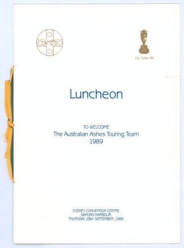 Australian tour of England 1989. Official menu booklet with gold and green tie for the ‘Luncheon to welcome the Australian Ashes Touring Team’ having won the Ashes in 1989. The luncheon held at the Sydney Convention Centre on 28th September 1989. Signed t