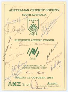 ‘Australian Cricket Society South Australia Eleventh Annual Dinner’ 1988. Official folding menu for the Dinner held at the Sturt Football Club, Unley, 14th October 1988. Signed to front cover by fourteen Australian Test cricketers including Hassett, Turne