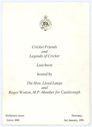 ‘Cricket Friends and Legends of Cricket’ 1991. Official folding menu for the Luncheon held at Parliament House, Sydney on the 3rd January 1991. Signed to the rear autographs page by twenty eight guests and Test players. Cricketers’ signatures include Alec