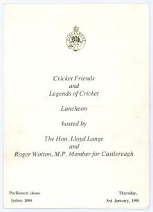 ‘Cricket Friends and Legends of Cricket’ 1991. Official folding menu for the Luncheon held at Parliament House, Sydney on the 3rd January 1991. Signed to the rear autographs page by twenty eight guests and Test players. Cricketers’ signatures include Alec