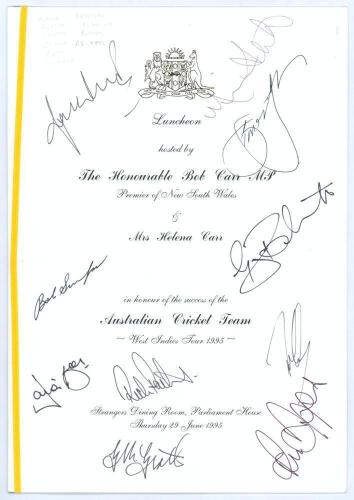 ‘Luncheon Hosted by The Honourable Bob Carr M.P. Premier of New South Wales & Mrs Helena Carr in honour of the Success of the Australian Cricket Team West Indies Tour 1995’. Official menu for the Luncheon held on the 29th June 1995 at Parliament House to 