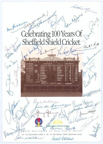 Australia 1992. ‘Celebrating 100 Years of Sheffield Shield Cricket’. Large official folding menu for the dinner held at the Adelaide Oval for the match South Australia v New South Wales, 18th- 21st December 1992. Profusely signed in ink to the front and b