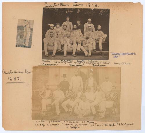 Australian tours to England 1878-1886. Six early original mono and sepia photographs of Australian teams who toured England. In all images the players are depicted seated and standing in rows wearing cricket attire and tour blazers. Three photographs are 