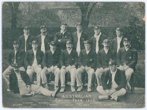 Australia tour to England 1905. Large mono printed photograph, similar to an oversize plain back postcard, of the Australian touring party seated and standing in rows wearing tour blazers and caps. Title and players’ names printed to lower portion of the 