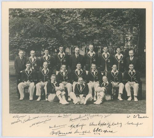 Australia tour of England 1934. Mono official photograph of the Australian team who toured England in 1934, seated and standing in rows at Lord’s, wearing cricket attire and wearing touring blazers. The photograph is laid down to photographer’s mount and 