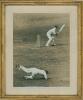 Donald George Bradman. New South Wales, South Australia & Australia 1927-1949. Original sepia press photograph of Bradman, wearing Australian cap, playing a late cut with a fielder diving, and failing, to stop the ball. Very nicely dedicated and signed by