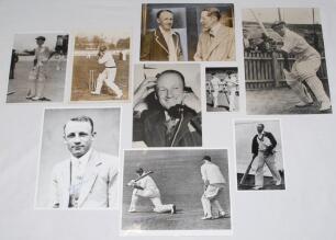 Donald George ‘Don’ Bradman. New South Wales, South Australia & Australia 1927-1949. Nine mono press, copy and restrike photographs of Bradman. Includes three signed by Bradman in later years, one a restrike of Bradman in batting action (Central Press Pho