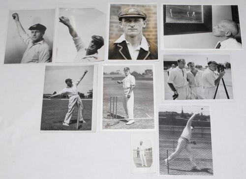 Clarence Victor &lsquo;Clarrie&rsquo; Grimmett. Wellington, Victoria, South Australia & Australia 1911-1941. Eight original and restrike press photographs and one candid style photograph. Images depict Grimmett at the wicket in bowling pose (signed by Grimmett), demo