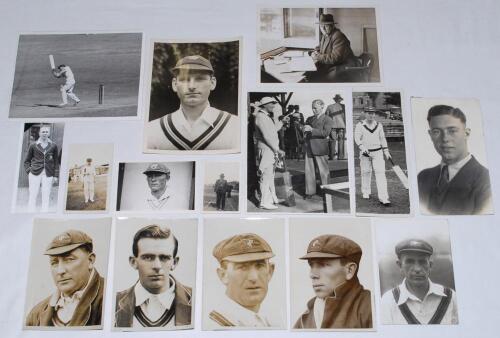 Australia Test and touring players 1920s-1940s. A good selection of mono and sepia photographs, the majority original press photographs with the odd copy/ restrike. Includes a small original candid photograph of scorer/ baggage master, Bill Ferguson weari