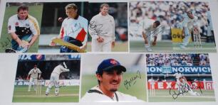 Australia and England signed photographs 1990s-2010s. Twenty original colour photographs of players mainly in match action, each signed to the photograph by the featured player. Signatures include Mark Taylor, Paul Reiffel, Jason Gillespie (3 different), 