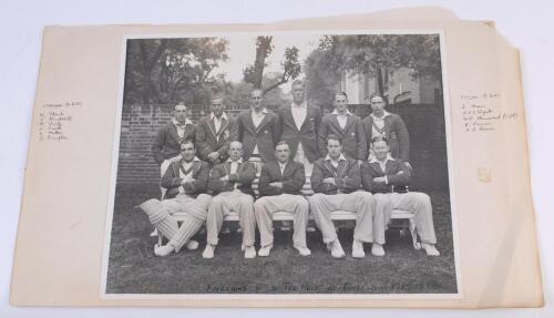 England XI v The Rest, Test Trial. Lord’s, June 1st-3rd 1938. Excellent photograph of the England team, standing and seated in rows wearing Test and County blazers, who played in the Trial match. Players include Hammond (Cpt), Ames, Wyatt, Farnes, Brown, 