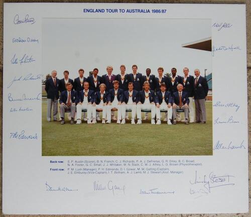 England tour to Australia 1986/87. Official colour photograph of the England touring party, seated and standing in rows, wearing tour blazers. Printed title and players&rsquo; names to borders. Nicely signed in blue ink by all seventeen members of the touring p