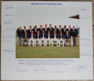 England tour to Australia 1986/87. Official colour photograph of the England touring party, seated and standing in rows, wearing tour blazers. Printed title and players’ names to borders. Nicely signed in blue ink by all seventeen members of the touring p