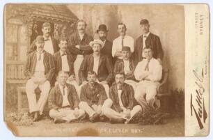 &lsquo;Lillywhite&rsquo;s English Eleven 1887&rsquo;. Excellent original cabinet card of the team that toured Australia 1886/1887. Players are depicted seated and standing in rows wearing cricket attire, and assorted headgear and blazers in a studio setting. Players&rsquo; names