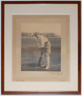 William Gunn. Nottinghamshire & England. Large and impressive original photograph of Gunn in batting pose at the wicket at Trent Bridge. The photograph laid down to original photographers mount and nicely signed to lower right border in black ink &lsquo;Yours F