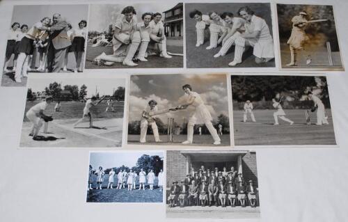 Women&rsquo;s cricket early 1900s-1956. Eight original mono press photographs and one copy photograph depicting women&rsquo;s cricket. Subjects include Australia Women&rsquo;s tour to England 1951, mono press photograph of the touring party and officials seated in rows, th