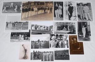 Don Bradman. A good selection of over fifty copy and restrike photographs of Bradman depicted in match action, on a train, walking on to the field of play, tossing for innings, at functions, playing tennis, on board ship, with his wife etc. Very good cond