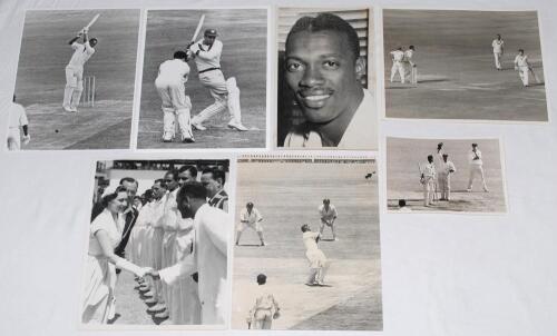 West Indies 1950s-1960s. Five original mono press photographs and two restrikes depicting West Indies cricket action. Images include Princess Margaret being introduced to the teams for the match Barbados v British Guiana at the Kensington Oval, date stamp