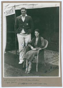 Arthur Brian Sellers. Yorkshire 1932-1948. Original mono photograph of Sellers standing full length wearing cricket attire and Yorkshire blazer with his fiance, Miss Bessie Walker, seated beside. The couple are situated in front of the President&rsquo;s tent at
