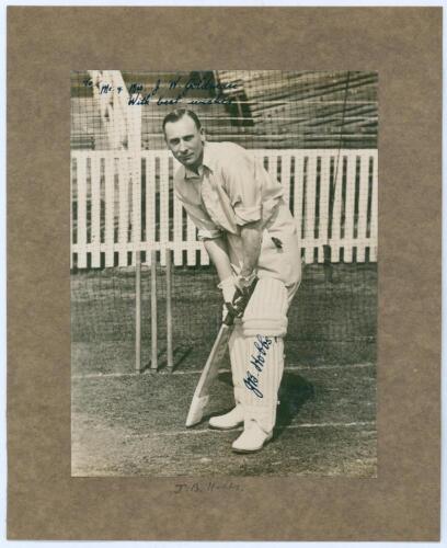 John Berry &lsquo;Jack Hobbs. Surrey & England 1905-1934. Nice original mono press photograph of Hobbs standing full length in batting pose in the nets. Beautifully signed in black ink to the photograph by Hobbs, with dedication in ink to the top edge, &lsquo;To Mr. 