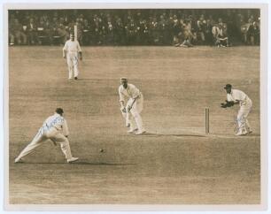 England v New Zealand 1931. Two original sepia press photographs from the drawn first Test at Lord&rsquo;s, 27th- 30th June 1931. One depicts England captain, Douglas Jardine, wearing his distinctive harlequin cap, in batting action in the first Test at Lord&rsquo;s,