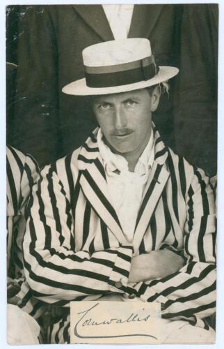 Wykeham Stanley Cornwallis, 2nd Baron Cornwallis. Kent 1919-1926. Original mono press photograph of Cornwallis seated half length wearing cricket attire, striped blazer and straw hat. Nice ink signature &lsquo;Cornwallis&rsquo; in ink on piece laid to lower portion o