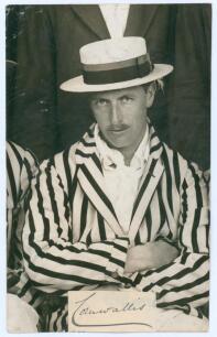 Wykeham Stanley Cornwallis, 2nd Baron Cornwallis. Kent 1919-1926. Original mono press photograph of Cornwallis seated half length wearing cricket attire, striped blazer and straw hat. Nice ink signature &lsquo;Cornwallis&rsquo; in ink on piece laid to lower portion o