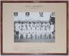 M.C.C. Tour of Rhodesia 1956. Official mono photograph of the M.C.C. and Rhodesia teams, sitting and standing in rows, in cricket attire, and four other players and officials inset to top. The photograph laid down to official mount with title to top borde