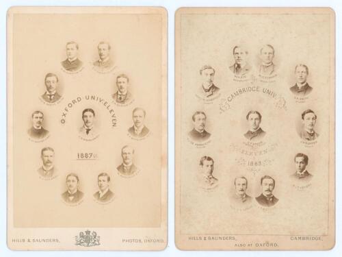 Oxford and Cambridge University cricket teams 1887. A pair of original cabinet card photographs of the two teams, head and shoulder vignettes, surrounding the title and Captains, J.H. Brain and C.T. Studd. Other players include Lord Hawke, Kingsmill Key,