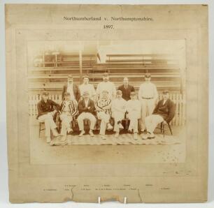 &lsquo;Northamptonshire v Northumberland 1897&rsquo;. Original sepia photograph of the Northumberland team who played Northamptonshire at Northampton on the 8th and 9th July 1897. The photograph, laid down to mount, of the players, stranding and seated in rows, some 