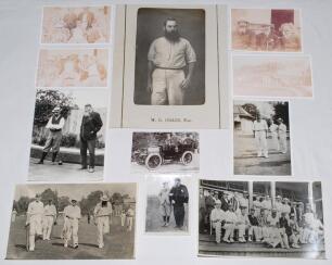 W.G. Grace. A good selection of mono photographs including one original candid style photograph of Grace playing golf, annotated to verso &lsquo;Littlehampton pre-1911&rsquo;. 3.5&rdquo;x4.75&rdquo;. Also ten restrike and copy press photographs featuring Grace on the cricket fie