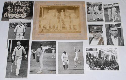 Cricket press photographs 1928-1958. A selection of original mono press photographs including Harold Larwood, head and shoulders wearing Nottinghamshire cap, dated 1934 and Larwood in bowling action 1935. Head and shoulders image of Patsy Hendren at Scarb