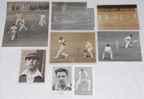 Signed press photographs 1930-1960s. A selection of seven signed press photographs and one collector&rsquo;s card. Includes five photographs of match action, including England v. The Rest, Test trial match, Lord&rsquo;s 1930, signed by R.E.S. Wyatt and Les Ames. Jim 